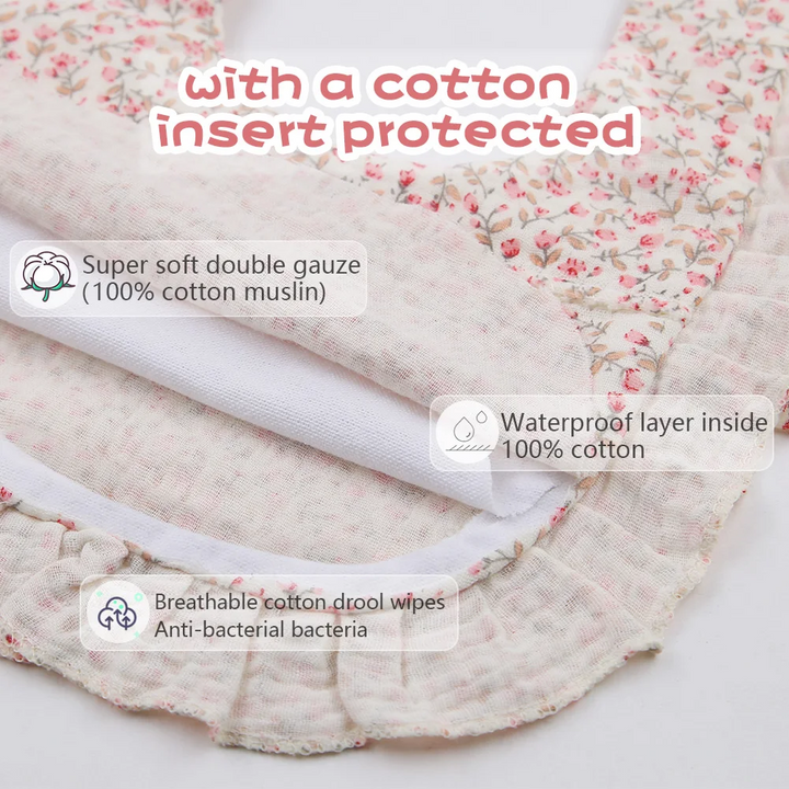 Cotton fabric layers shown inside a floral baby bib with ruffled edging