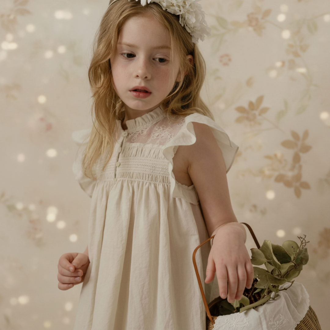 Girl wearing the Floral Grace dress with ruffled shoulders and a textured bodice