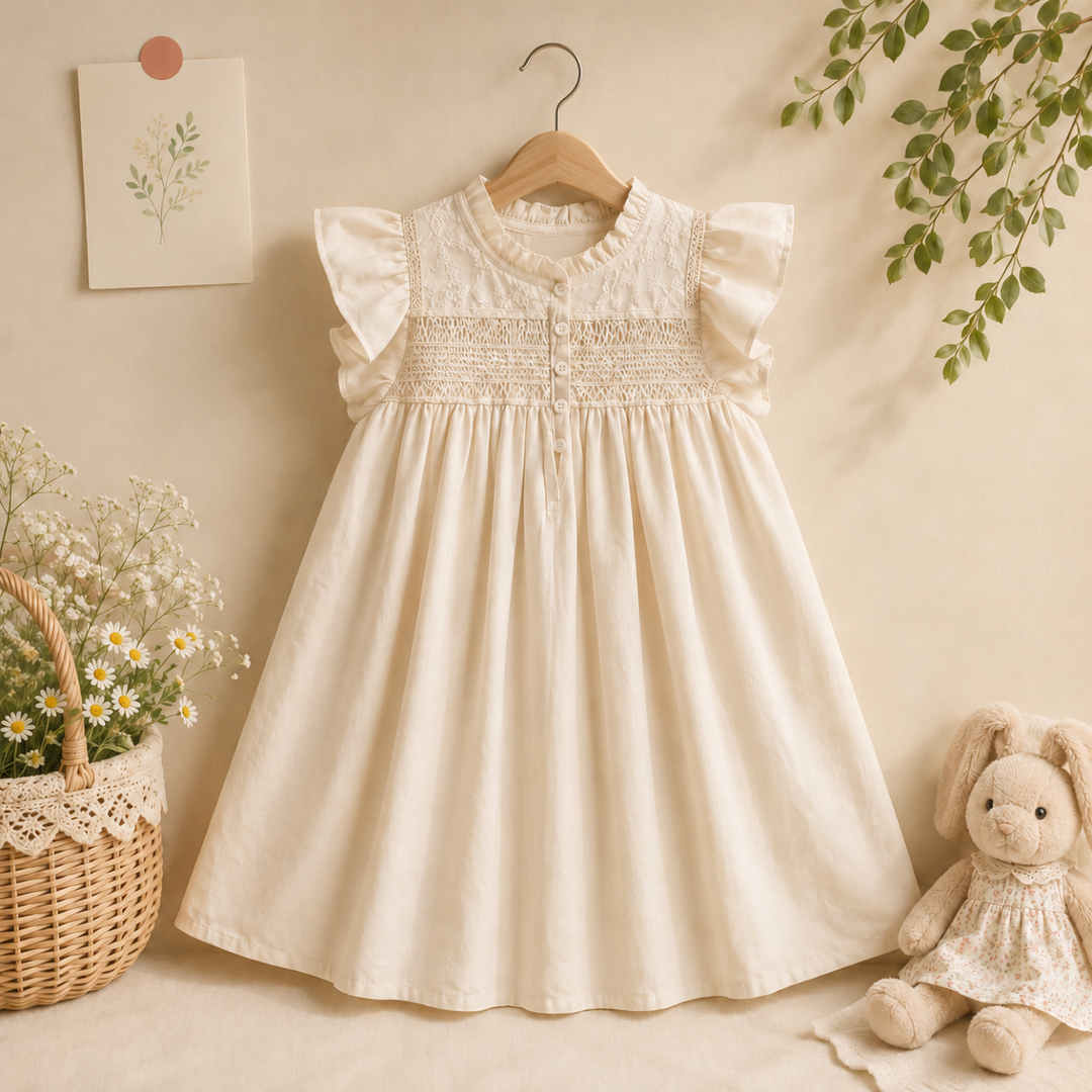 Floral Grace dress with ruffled shoulders and a gathered bodice on a hanger