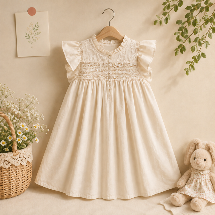 Floral Grace dress with ruffled shoulders and a gathered bodice on a hanger
