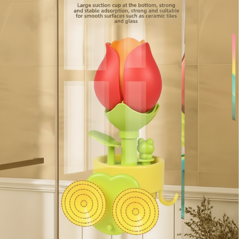 Back of the flower bath toy showing suction cups beneath a closed red bloom
