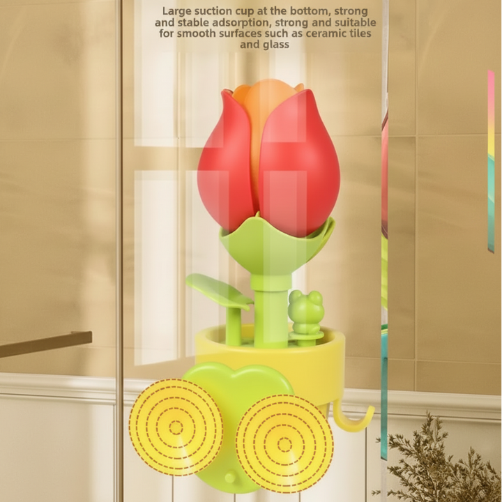 Back of the flower bath toy showing suction cups beneath a closed red bloom
