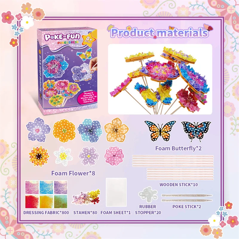 Flower and butterfly kit contents with fabric pieces, foam shapes, wooden sticks, and poking tools