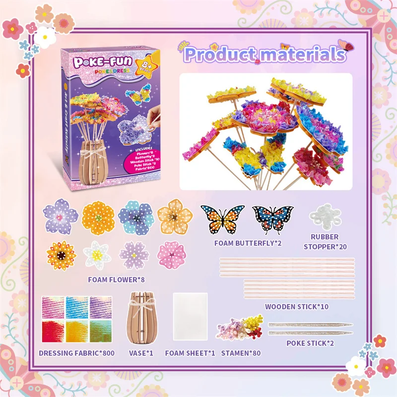 Flower and butterfly kit contents with a buildable vase, fabric pieces, foam shapes, and tools