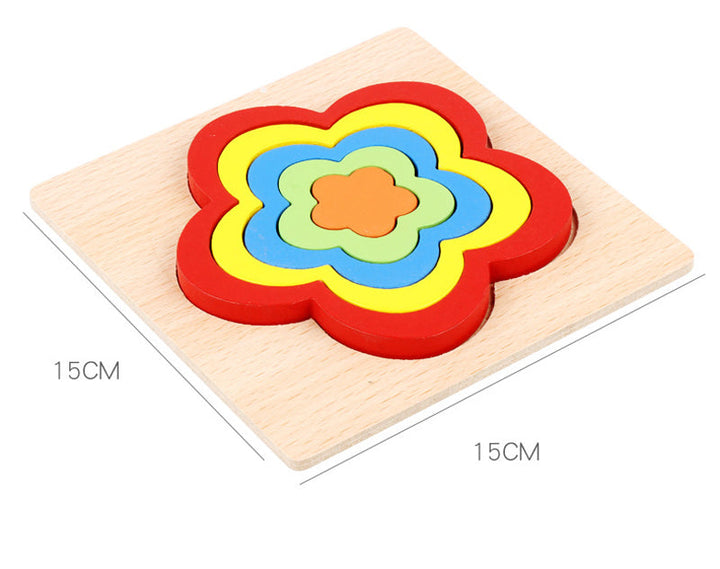 Flower-shaped wooden nesting puzzle on a board labeled 15 x 15 cm