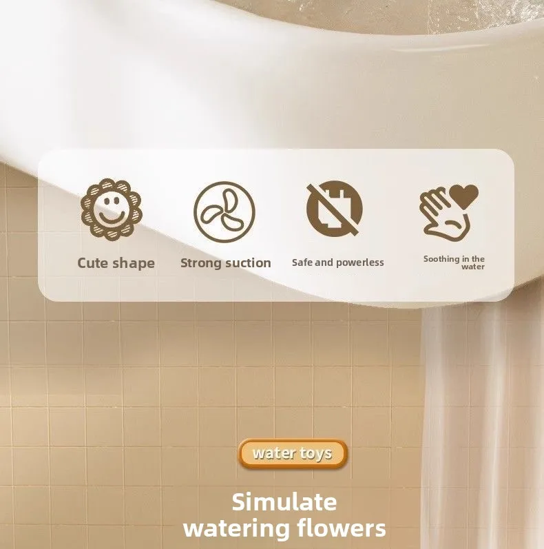 Bath toy feature graphic with a bathtub background and flower and water-play symbols