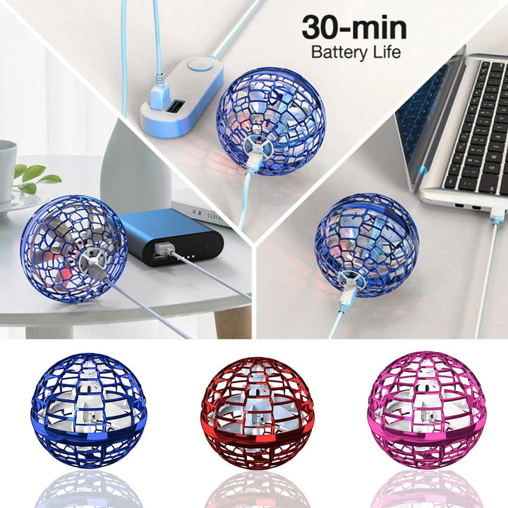 USB charging examples for the flying ball beside a laptop and power bank