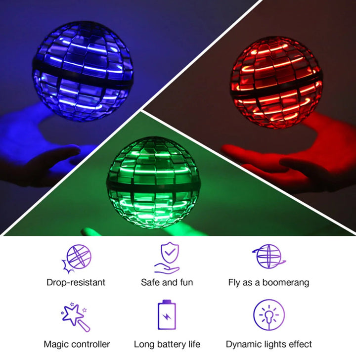 Flying balls glowing blue, red, and green in a three-panel view