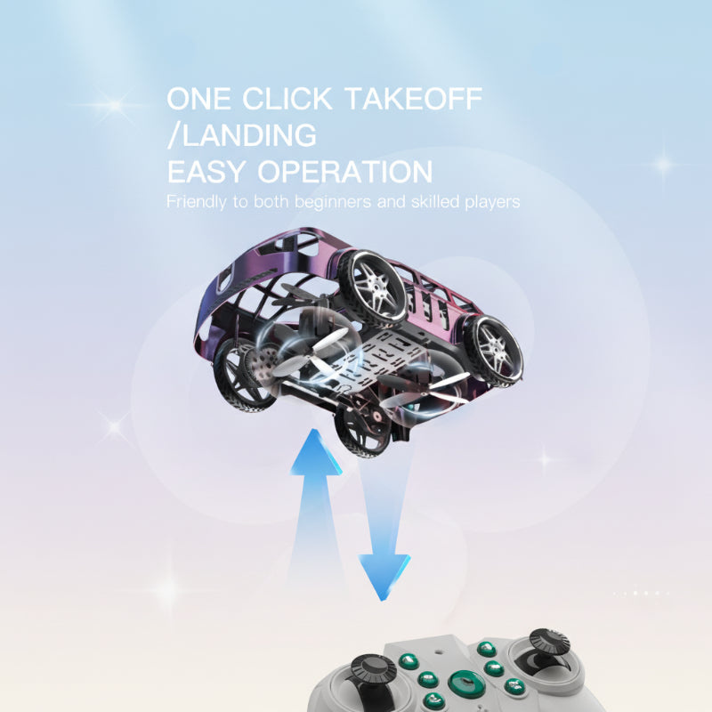 Purple flying car with up-and-down arrows above its remote controller