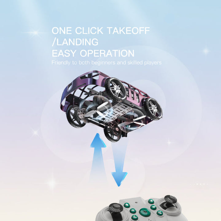 Purple flying car with up-and-down arrows above its remote controller