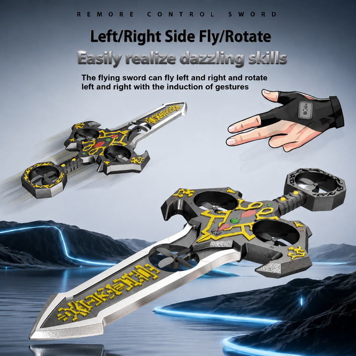 Gold-accent flying swords illustrating sideways flight and rotation with gesture control