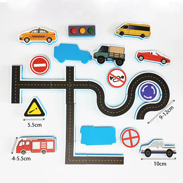 Foam vehicles, traffic signs, and road pieces with measurements shown in centimeters