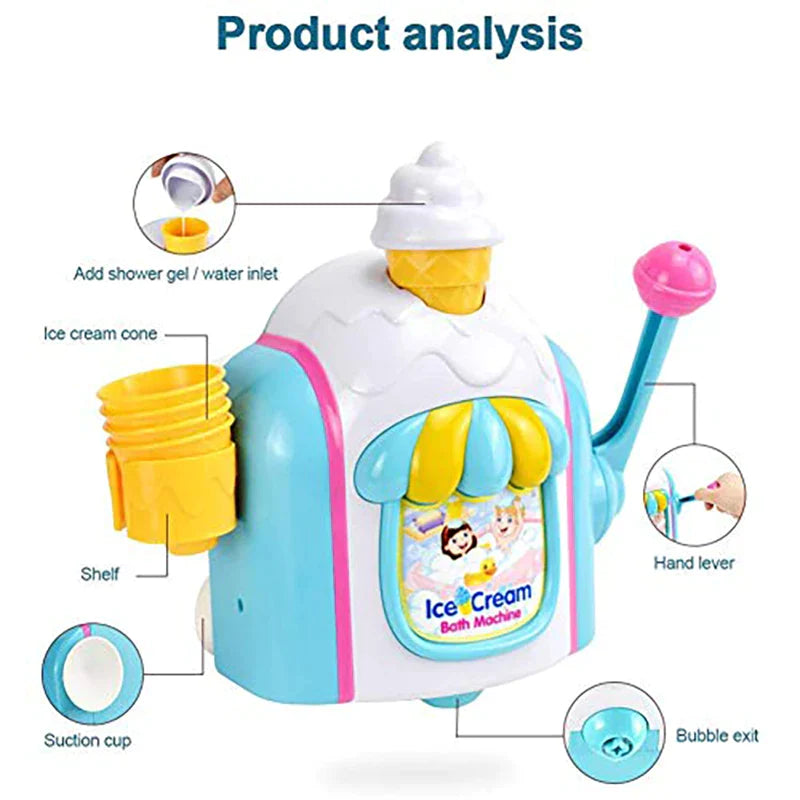 Labeled bath toy diagram showing the fill opening, cone holder, side handle and foam outlet