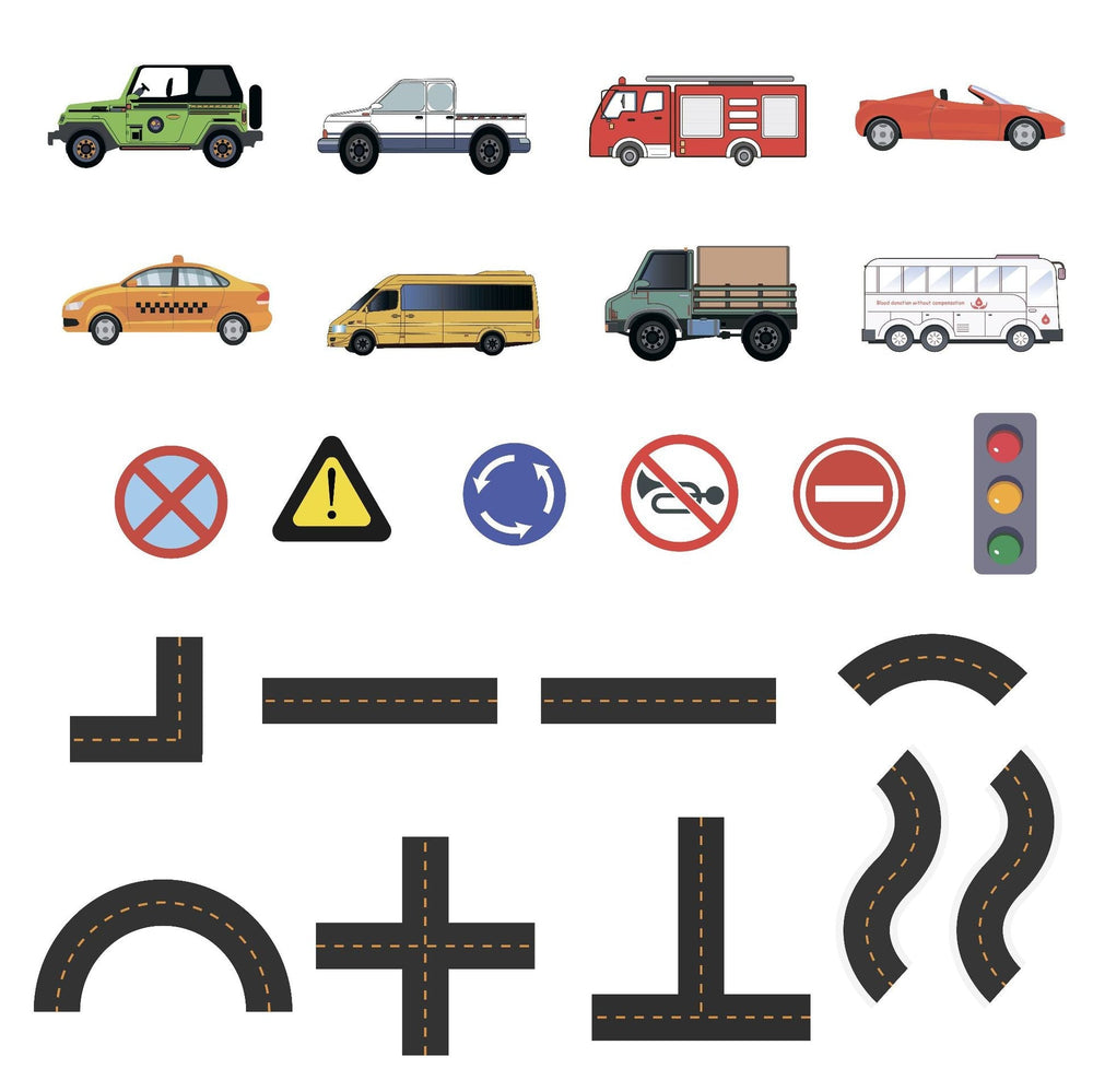 Foam bath toy vehicles, traffic signs, and straight and curved road pieces arranged by type