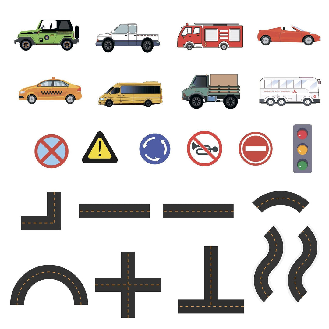 Foam bath toy vehicles, traffic signs, and straight and curved road pieces arranged by type