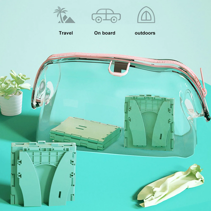 Folded green travel potty shown with a carry bag for storage