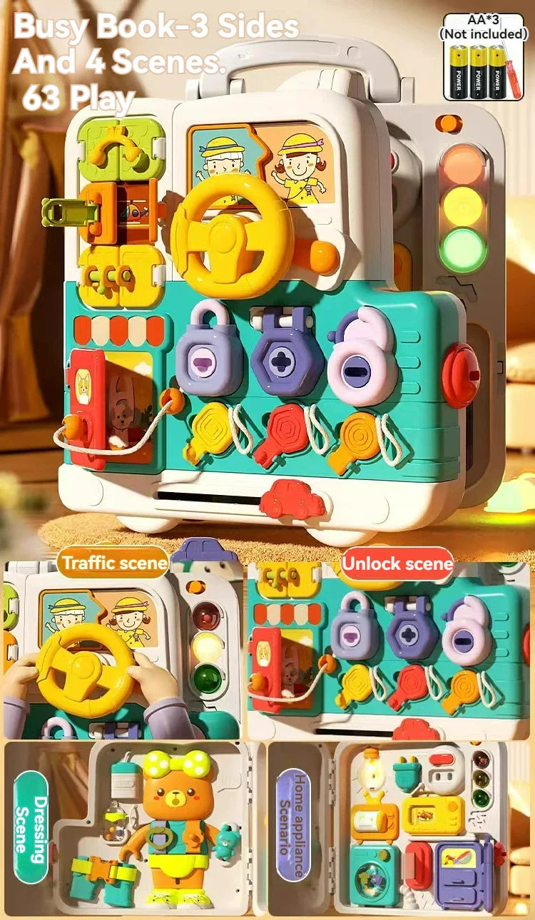 Folding busy board with views of the steering, lock, bear, and household activity panels