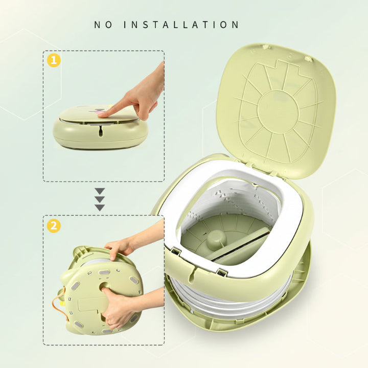 Illustrated steps showing how to open and expand the green folding potty