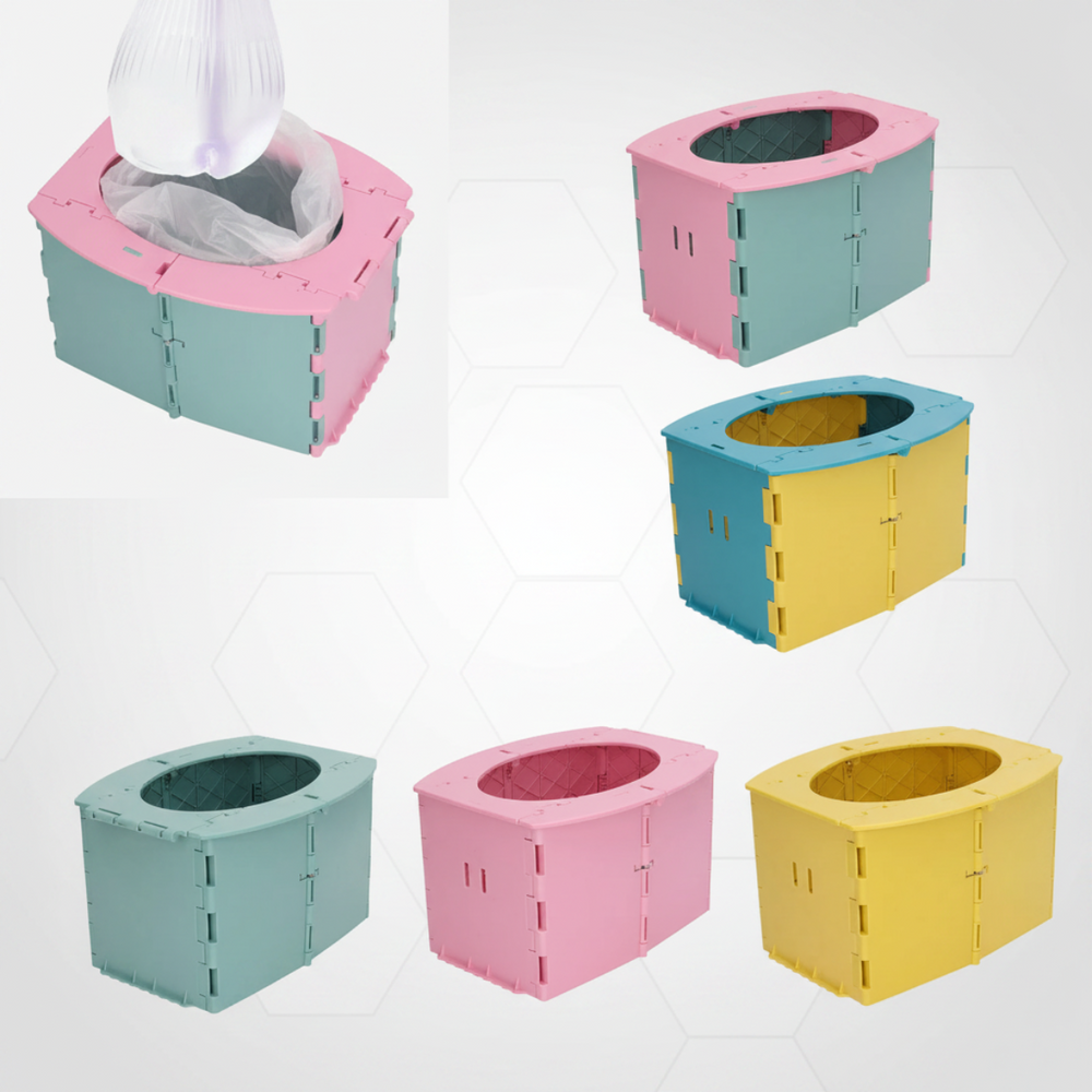Folding potty in five colors, with a disposable liner shown in the pink and green version