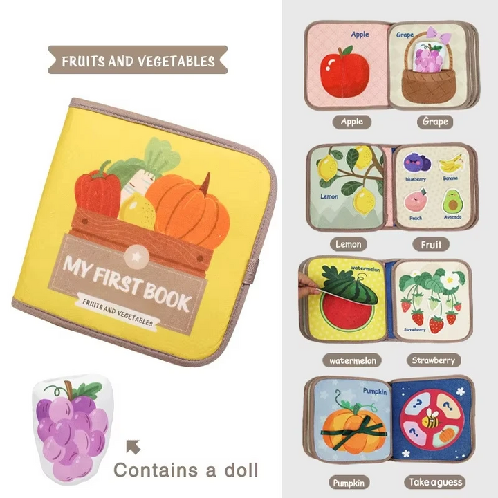 Eat busy book with fruit and vegetable activities and a removable grape-shaped piece
