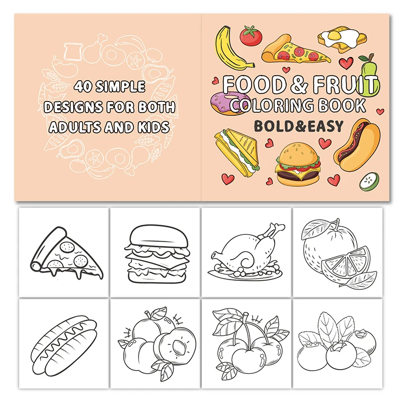 Front and back of the Food &amp; Drink coloring book with pizza, fruit, and burger designs