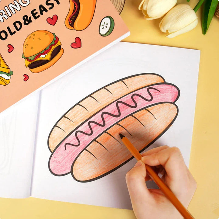 Hand coloring a hot dog design in the Food &amp; Drink coloring book