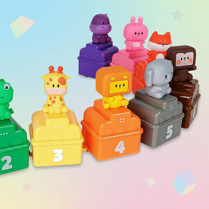 Colorful numbered wagons topped with animal figures, including a giraffe and elephant
