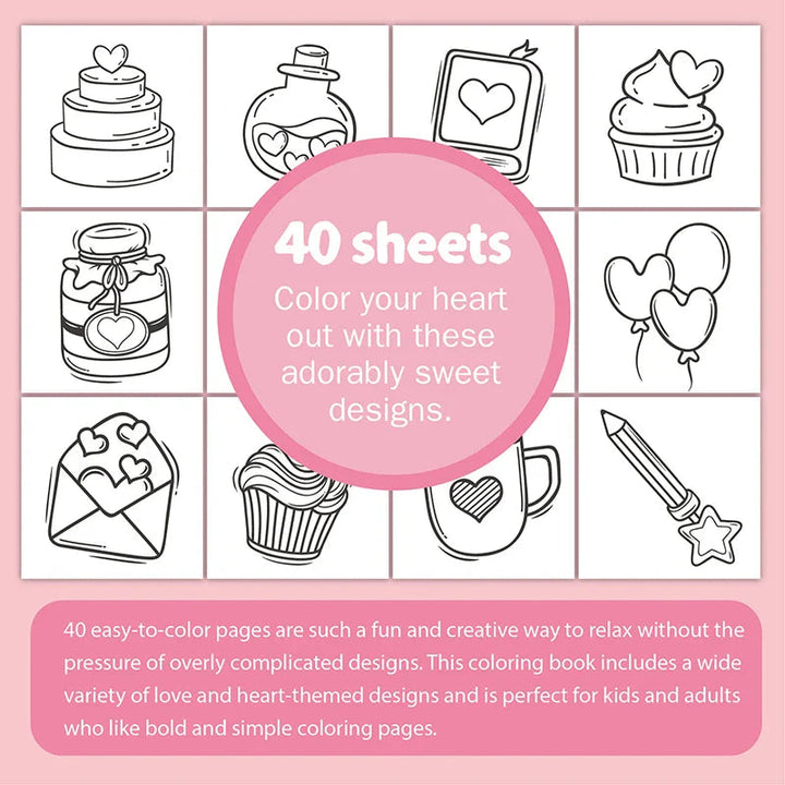 Heart-themed coloring designs with cakes, cupcakes, balloons, and a mug