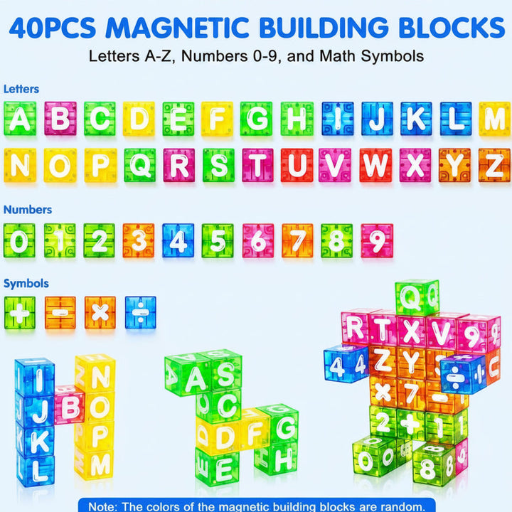 40-piece magnetic cube set showing alphabet letters, numbers 0-9, and math symbols