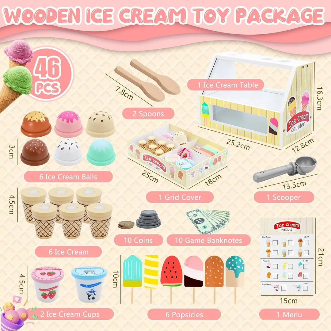 Contents chart for a 46-piece ice cream play set with piece counts and measurements