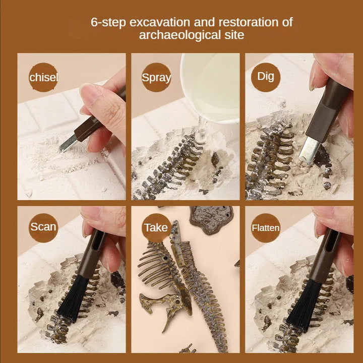 Six-panel guide showing a plaster block being chiseled, dampened, excavated, and brushed