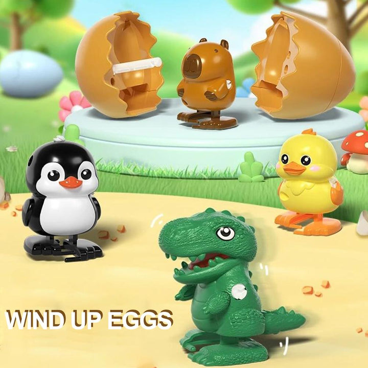 Chick, penguin, T-rex, and capybara wind-up egg toys displayed together
