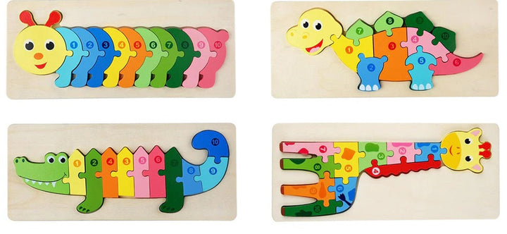 Four wooden number puzzles in caterpillar, dinosaur, crocodile, and giraffe designs