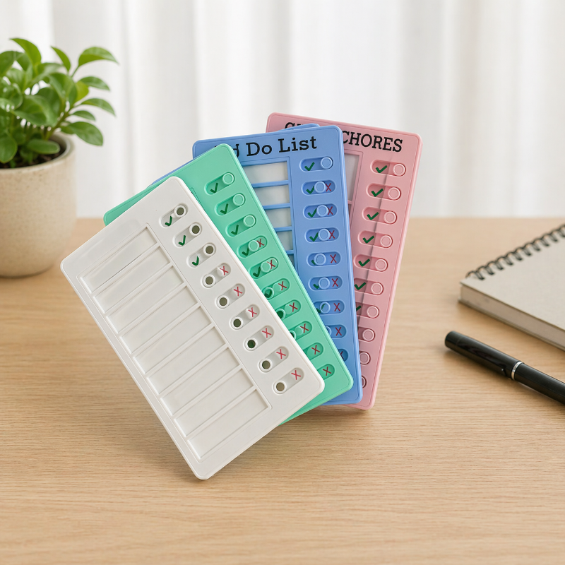 White, green, blue, and pink chore boards with sliding task switches on a desk.