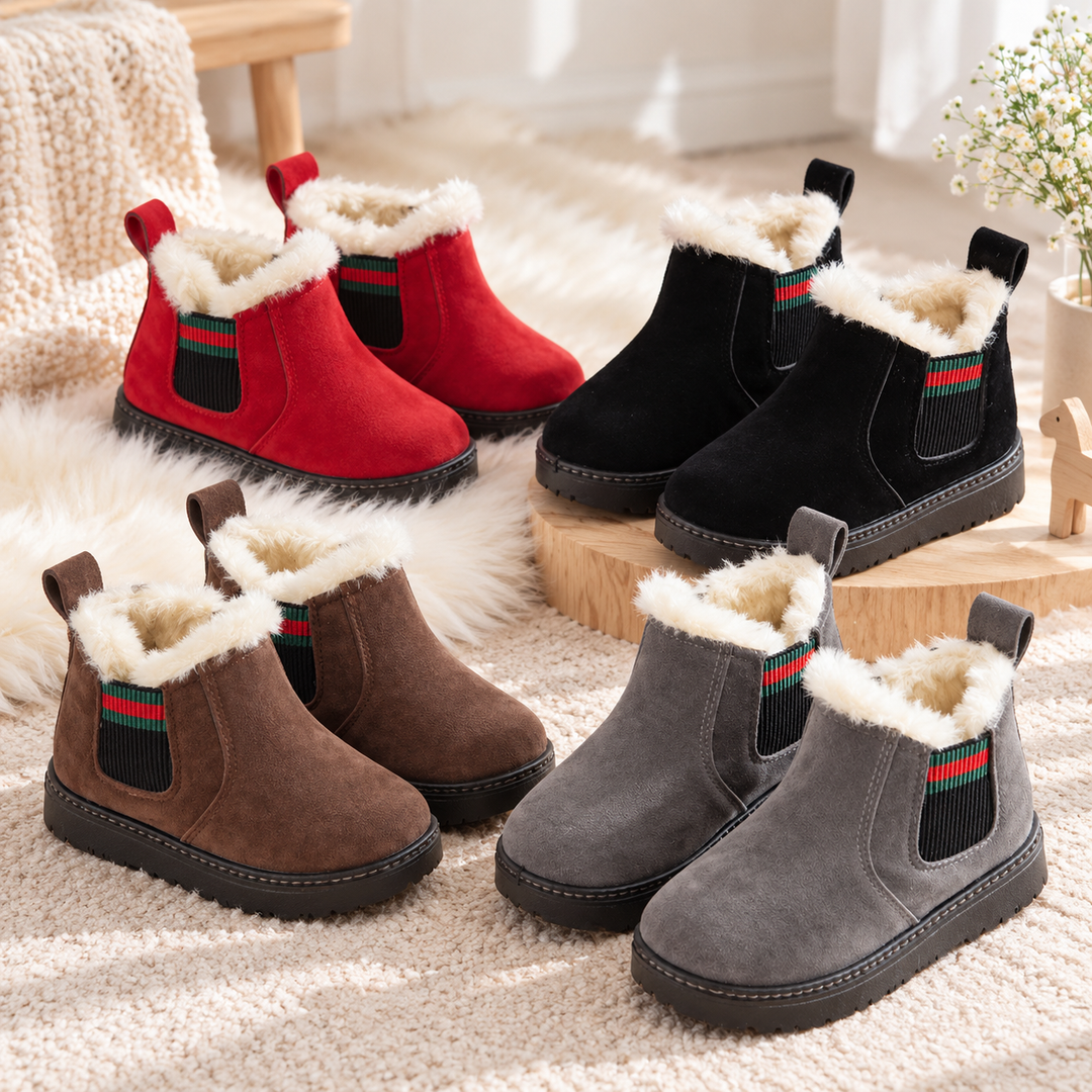Red, black, brown, and gray kids' winter boots with cream plush collars displayed indoors.