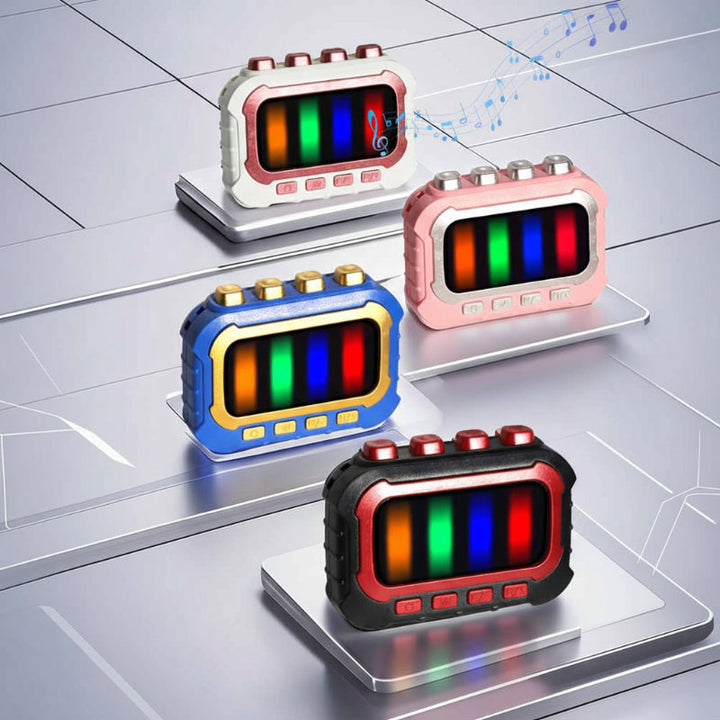 White, pink, blue, and black musical fidget games arranged on display platforms.