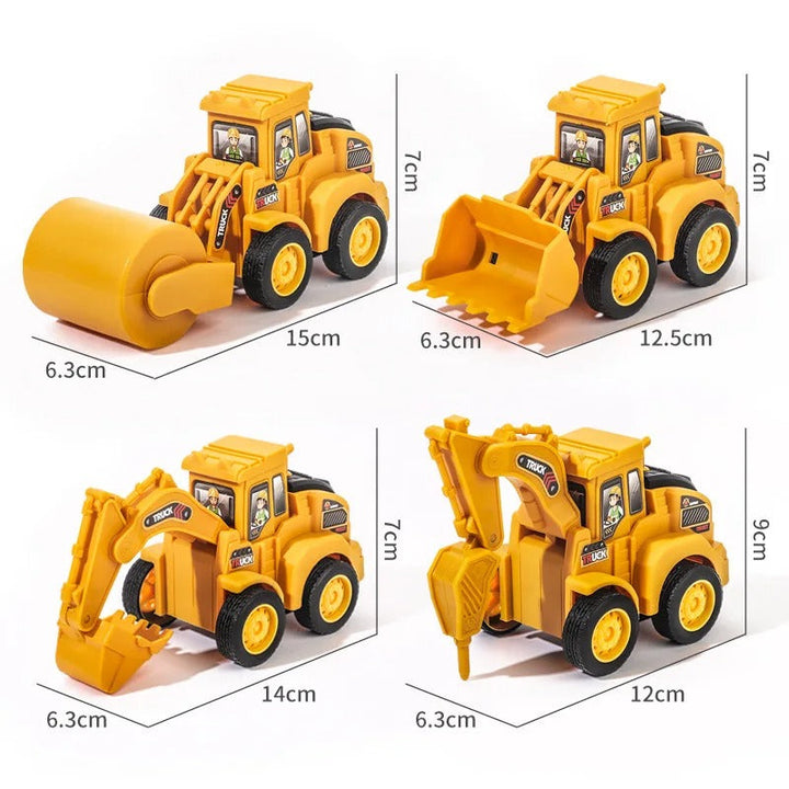 Size chart showing measurements for four yellow construction vehicle styles