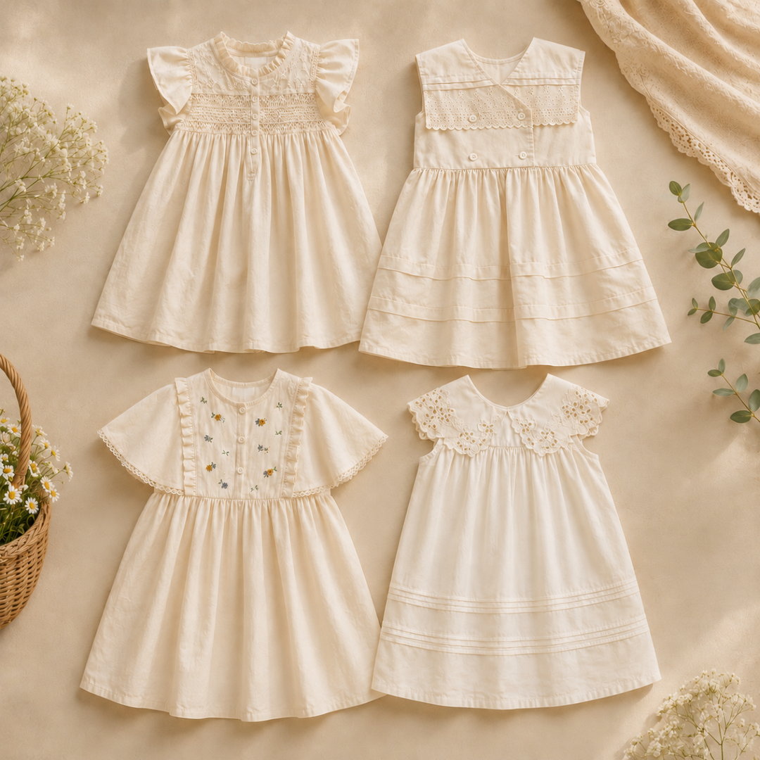 Four cream girls' dresses arranged together, showing lace, embroidery, and different sleeve styles