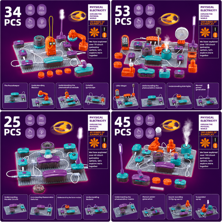 Four circuit kit versions with 25, 34, 45, and 53 pieces