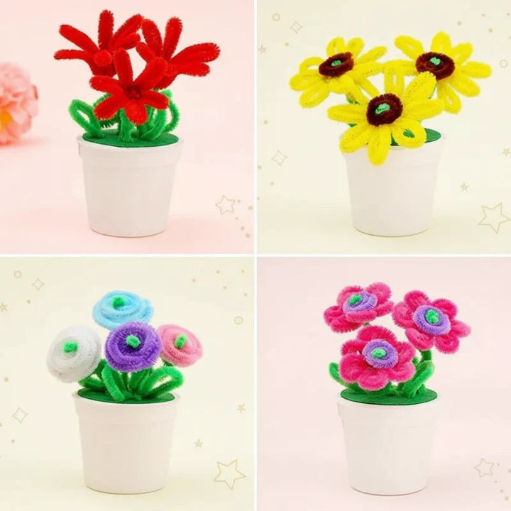 Four potted designs with red blooms, yellow sunflowers, pastel rosettes, and pink flowers