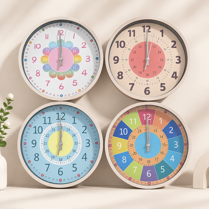 Four learning wall clock styles: flower, orange circle, blue, and rainbow
