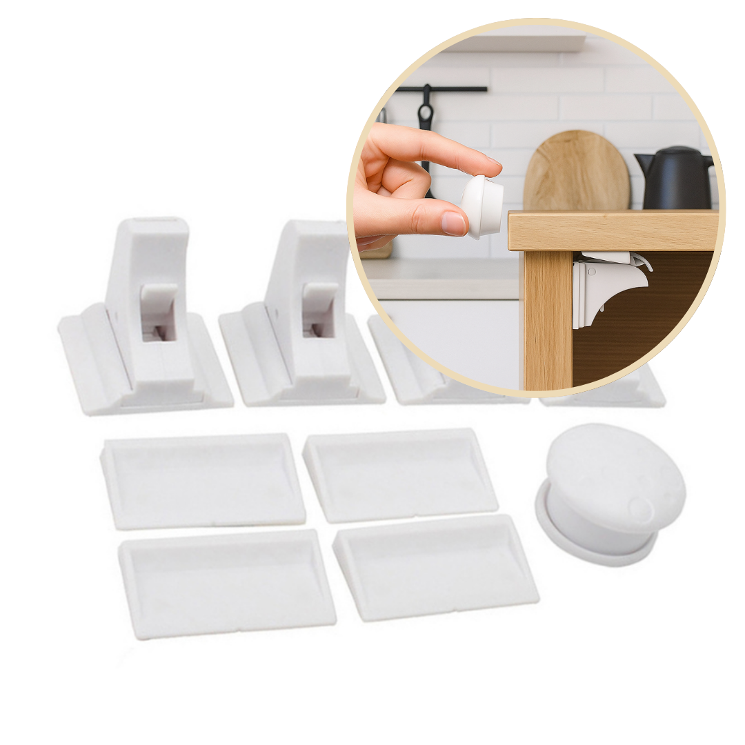 Four-lock set with one magnetic key and an inset showing cabinet installation