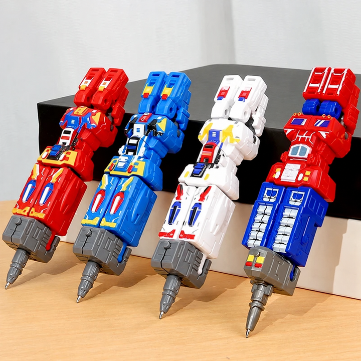 Red, blue, white, and red-blue robot pens folded into writing form
