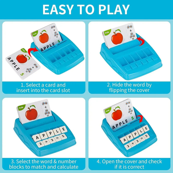 Four steps show how to insert a card, hide the answer, match blocks, and check the result.