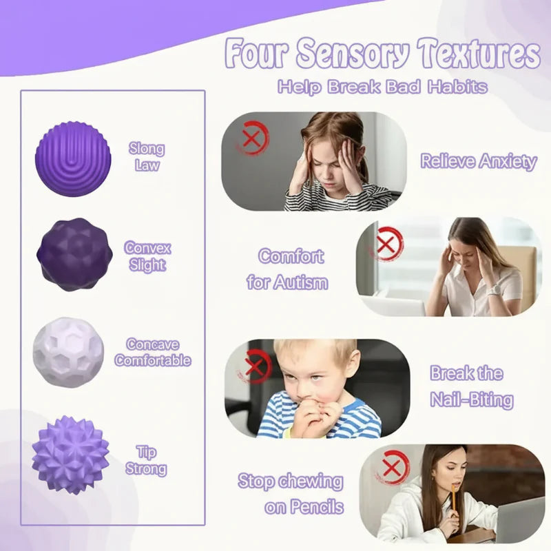 Texture guide showing ridged, bumpy, dimpled, and spiky silicone fidget balls