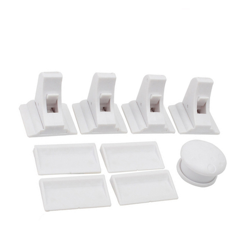 Four white cabinet locks with matching mounting plates and one magnetic key