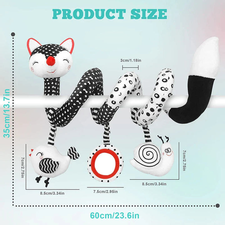 Fox spiral activity toy measurement chart showing overall dimensions of 60 x 35 cm.