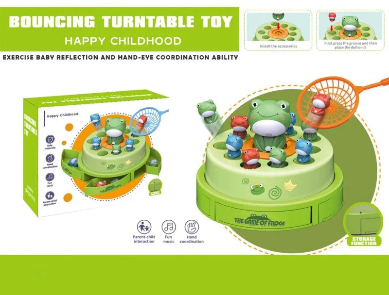Frog-catching game, basket, and retail box shown together in a product overview