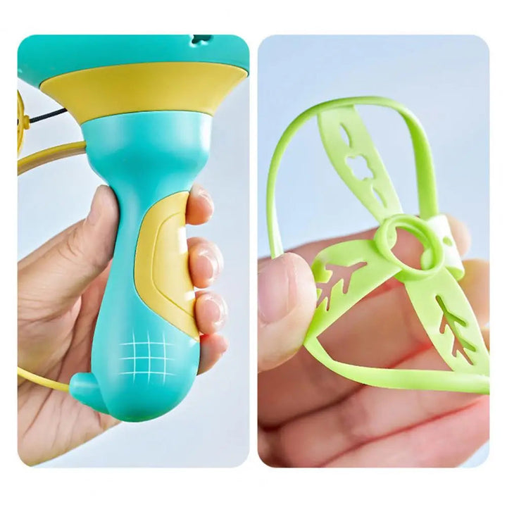 Close-up views of the blue launcher handle and a green disc held in a hand