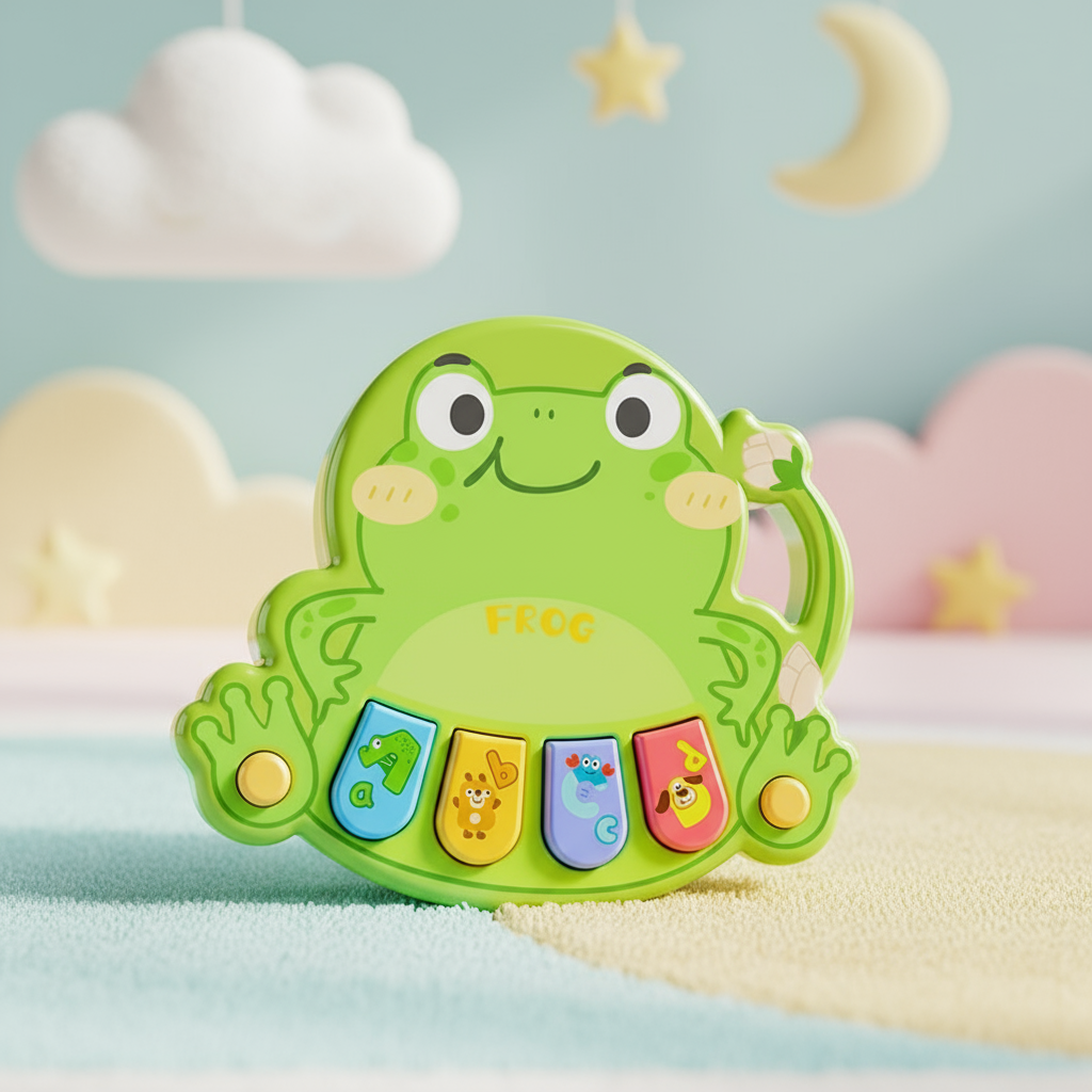 Green frog animal piano with colorful keys on a pastel play surface